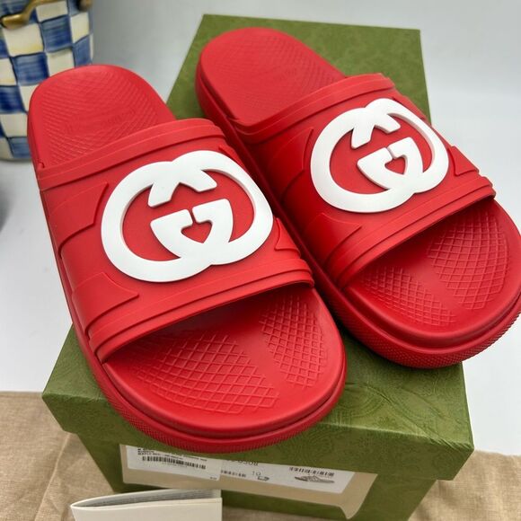 Men's Gucci interlocking G rubber Pool slides size 10 made in Italy - Picture 2 of 12